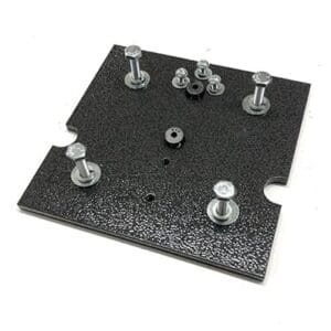 Black mounting plate with bolts and washers.