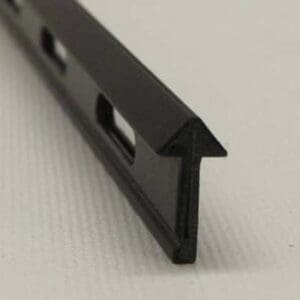 Black metal T-track on white background.