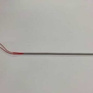 Here's an alt tag for the image: Straight metal heating element with wires.