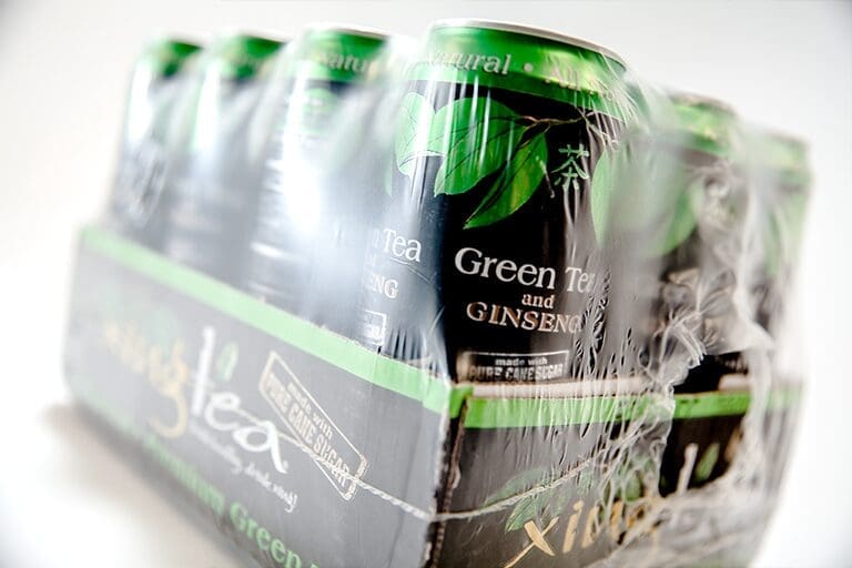 Green tea cans bundled with shrink wrap